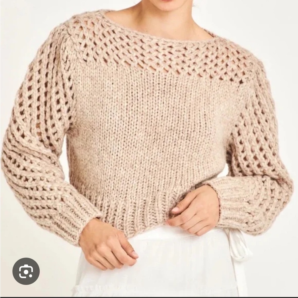 LoveShackFancy Beige Open-Stitch Larson Alpaca Blend Crew Sweater XS
